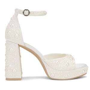 Dolce Vita Pandro Pearl Heel in True White Satin Chunky Heeled Sandal 8.5 / 38.5
